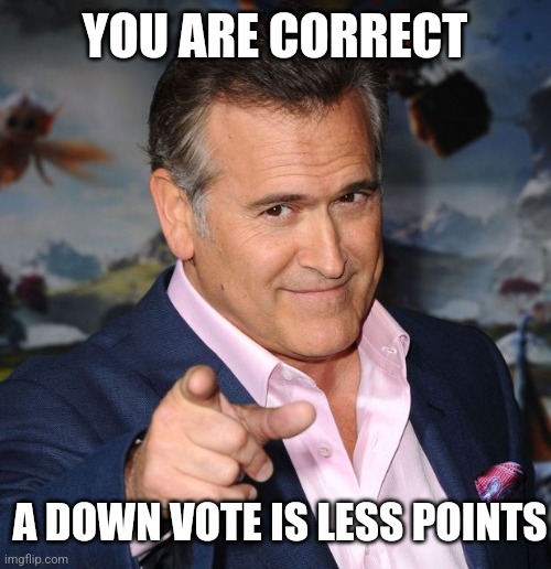Pointing Sam Axe | YOU ARE CORRECT A DOWN VOTE IS LESS POINTS | image tagged in pointing sam axe | made w/ Imgflip meme maker