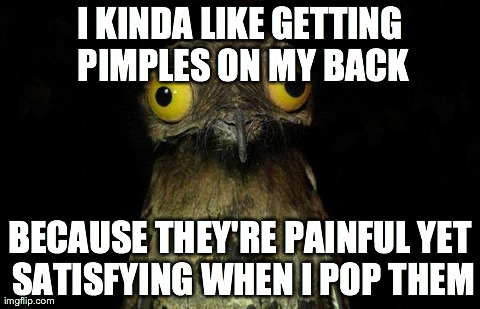 Weird Stuff I Do Potoo | I KINDA LIKE GETTING PIMPLES ON MY BACK BECAUSE THEY'RE PAINFUL YET SATISFYING WHEN I POP THEM | image tagged in memes,weird stuff i do potoo,AdviceAnimals | made w/ Imgflip meme maker