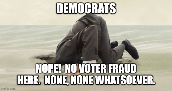 head in the sand | DEMOCRATS NOPE!  NO VOTER FRAUD HERE.  NONE, NONE WHATSOEVER. | image tagged in head in the sand | made w/ Imgflip meme maker
