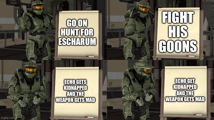 Halo infinite’s plot in a meme | FIGHT HIS GOONS; GO ON HUNT FOR ESCHARUM; ECHO GETS KIDNAPPED AND THE WEAPON GETS MAD; ECHO GET KIDNAPPED AND THE WEAPON GETS MAD | image tagged in master chief's plan- despicable me halo,halo,memes,plot twist,master chief,5 panel gru meme | made w/ Imgflip meme maker