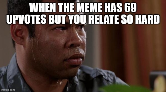 sweating bullets | WHEN THE MEME HAS 69 UPVOTES BUT YOU RELATE SO HARD | image tagged in sweating bullets | made w/ Imgflip meme maker