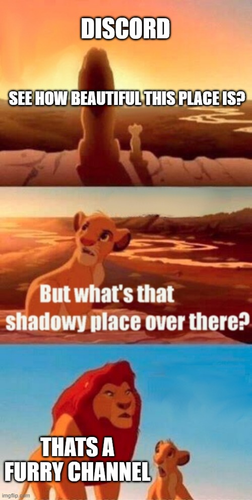 a title | DISCORD; SEE HOW BEAUTIFUL THIS PLACE IS? THATS A FURRY CHANNEL | image tagged in memes,simba shadowy place | made w/ Imgflip meme maker