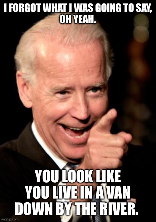 Smilin Biden Meme | I FORGOT WHAT I WAS GOING TO SAY,
OH YEAH. YOU LOOK LIKE YOU LIVE IN A VAN DOWN BY THE RIVER. | image tagged in memes,smilin biden | made w/ Imgflip meme maker