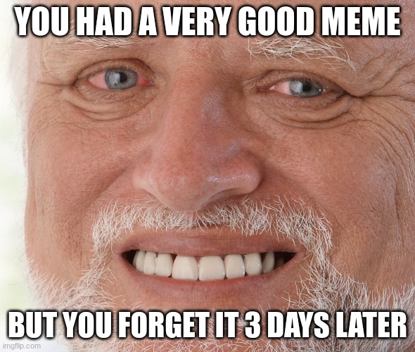 idk what to name this | YOU HAD A VERY GOOD MEME; BUT YOU FORGET IT 3 DAYS LATER | image tagged in hide the pain harold | made w/ Imgflip meme maker