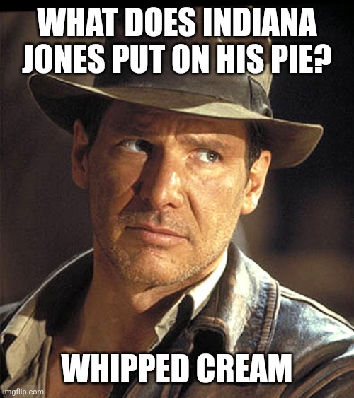 Indiana jones | WHAT DOES INDIANA JONES PUT ON HIS PIE? WHIPPED CREAM | image tagged in indiana jones | made w/ Imgflip meme maker