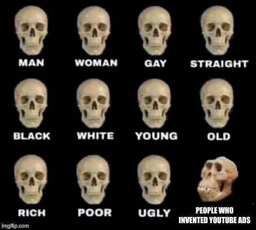 idiot skull | PEOPLE WHO INVENTED YOUTUBE ADS | image tagged in idiot skull,youtube ads | made w/ Imgflip meme maker