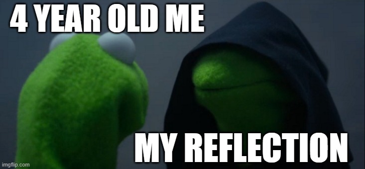 I was dumb | 4 YEAR OLD ME; MY REFLECTION | image tagged in memes,evil kermit | made w/ Imgflip meme maker