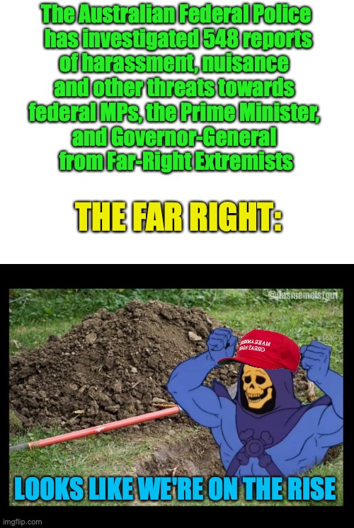 Record number of threats against MPs reported to federal police in Australia | The Australian Federal Police
 has investigated 548 reports
of harassment, nuisance 
and other threats towards 
federal MPs, the Prime Minister, 
and Governor-General 
from Far-Right Extremists; THE FAR RIGHT:; LOOKS LIKE WE'RE ON THE RISE | image tagged in skeletor rises from the grave,meanwhile in australia,far right,death threats,politicians,prime minister | made w/ Imgflip meme maker
