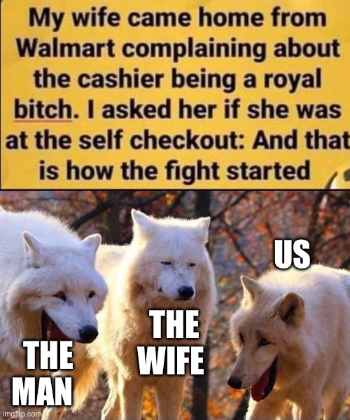 ROFLMFAO | US; THE WIFE; THE MAN | image tagged in laughing wolf,roasted,funny | made w/ Imgflip meme maker