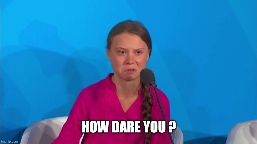 "How dare you?" - Greta Thunberg | HOW DARE YOU ? | image tagged in how dare you - greta thunberg | made w/ Imgflip meme maker