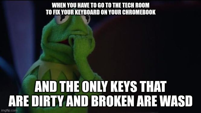 i promise its not me | WHEN YOU HAVE TO GO TO THE TECH ROOM TO FIX YOUR KEYBOARD ON YOUR CHROMEBOOK; AND THE ONLY KEYS THAT ARE DIRTY AND BROKEN ARE WASD | image tagged in kermit worried face | made w/ Imgflip meme maker
