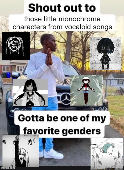 shout out to vocaloid | those little monochrome characters from vocaloid songs | image tagged in gotta be one of my favorite genders | made w/ Imgflip meme maker