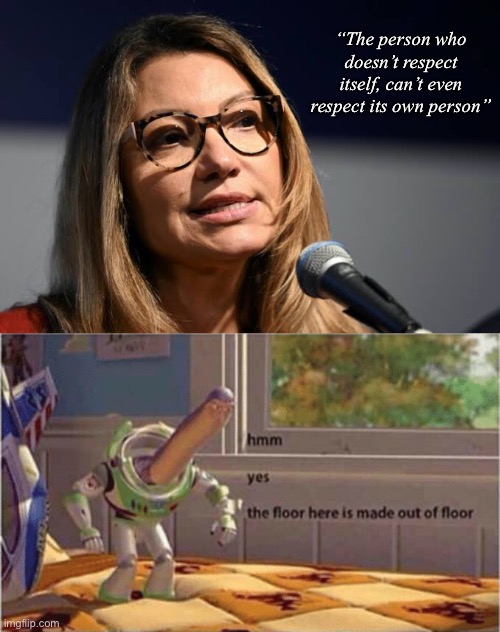 And this dumbass is the First Lady of Brazil | “The person who doesn’t respect itself, can’t even respect its own person” | image tagged in hmm yes the floor here is made out of floor,politics,political meme,quotes,first lady,brazil | made w/ Imgflip meme maker
