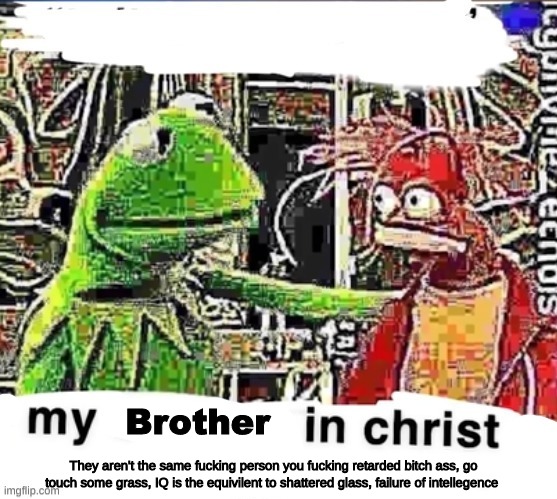 my Blank in christ | Brother They aren't the same fucking person you fucking retarded bitch ass, go touch some grass, IQ is the equivilent to shattered glass, fa | image tagged in my blank in christ | made w/ Imgflip meme maker