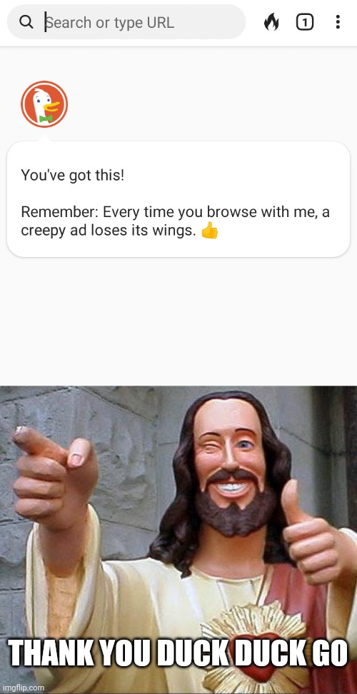 I am really liking this browser | THANK YOU DUCK DUCK GO | image tagged in memes,buddy christ,internet | made w/ Imgflip meme maker