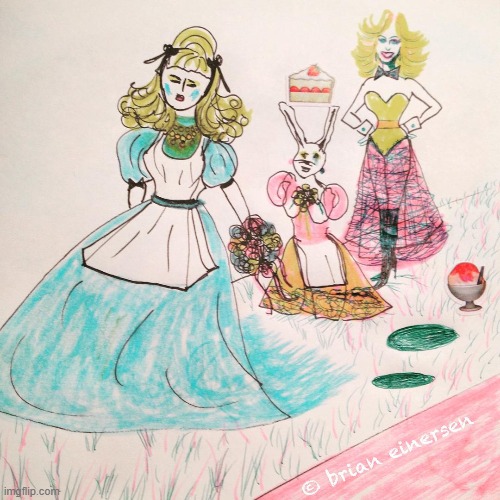 Alice in Wonderland's Wedding | image tagged in fashion kartoon,alice in wonderland,white rabbit,emooji art,brian einersen | made w/ Imgflip meme maker