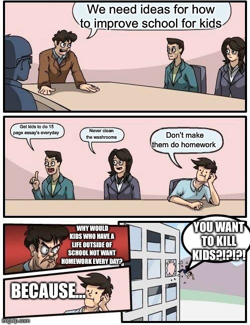 Boardroom Meeting Suggestion | We need ideas for how to improve school for kids; Get kids to do 15 page essay’s everyday; Never clean the washrooms; Don’t make them do homework; WHY WOULD KIDS WHO HAVE A LIFE OUTSIDE OF SCHOOL NOT WANT HOMEWORK EVERY DAY? YOU WANT TO KILL KIDS?!?!?! BECAUSE… | image tagged in memes,boardroom meeting suggestion | made w/ Imgflip meme maker