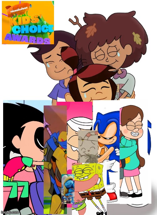 Kids Choice Awards 2023: True Ending | image tagged in the loud house,the owl house,teen titans go,cuphead,sonic,group hug | made w/ Imgflip meme maker