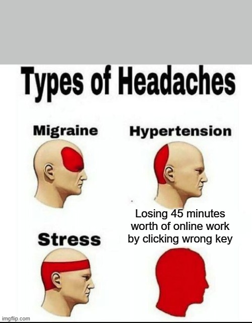 Just happened | Losing 45 minutes worth of online work by clicking wrong key | image tagged in types of headaches meme,online | made w/ Imgflip meme maker