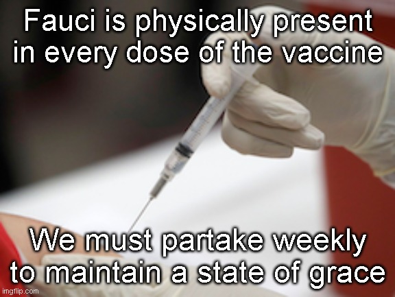 Flu Vaccine Injection | Fauci is physically present in every dose of the vaccine We must partake weekly to maintain a state of grace | image tagged in flu vaccine injection | made w/ Imgflip meme maker