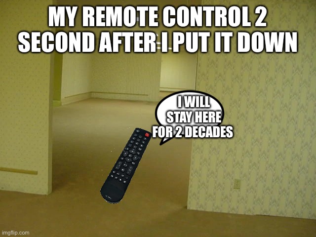 remote | MY REMOTE CONTROL 2 SECOND AFTER I PUT IT DOWN; I WILL STAY HERE FOR 2 DECADES | image tagged in back rooms | made w/ Imgflip meme maker