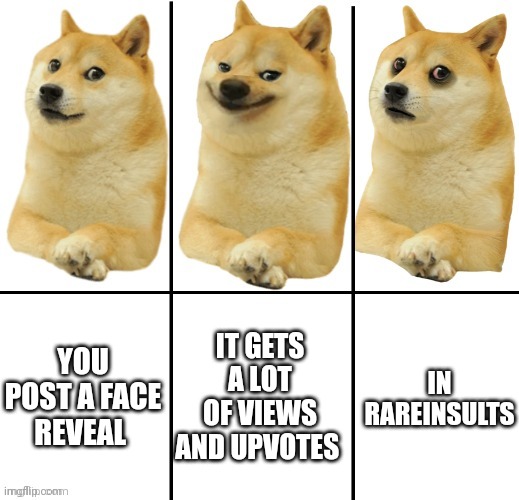 Doge happy sad | YOU POST A FACE REVEAL IT GETS A LOT OF VIEWS AND UPVOTES IN RAREINSULTS | image tagged in doge happy sad | made w/ Imgflip meme maker