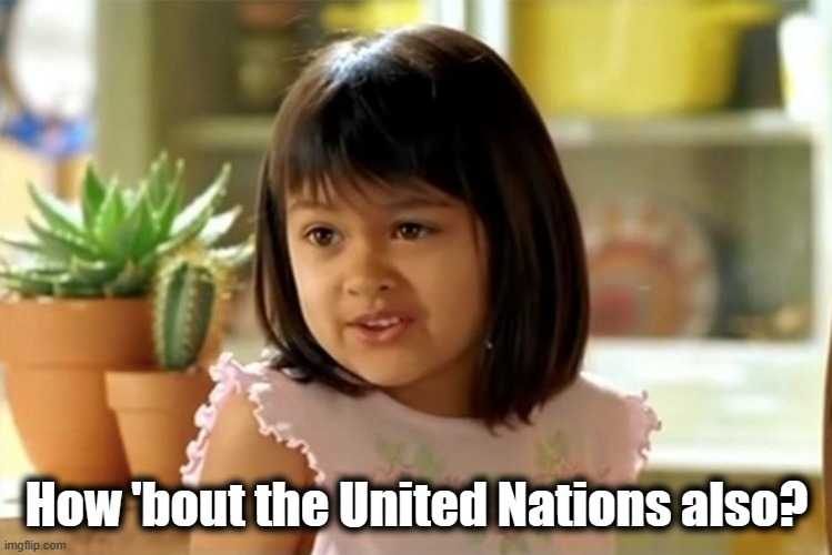 Why Don't We Have Both? (no caption) | How 'bout the United Nations also? | image tagged in why don't we have both no caption | made w/ Imgflip meme maker