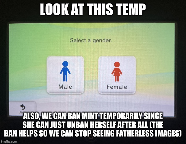For today* | LOOK AT THIS TEMP; ALSO, WE CAN BAN MINT TEMPORARILY SINCE SHE CAN JUST UNBAN HERSELF AFTER ALL (THE BAN HELPS SO WE CAN STOP SEEING FATHERLESS IMAGES) | image tagged in balls,stfu,unpopular opinion | made w/ Imgflip meme maker
