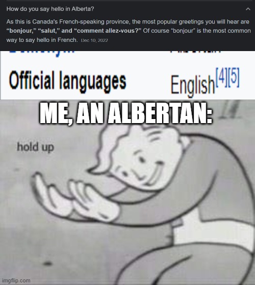 As someone who lives in this part of Canada I can confirm that not everyone here speaks French | ME, AN ALBERTAN: | image tagged in fallout hold up | made w/ Imgflip meme maker