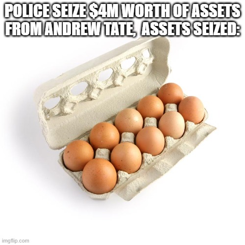 Carton of Eggs | POLICE SEIZE $4M WORTH OF ASSETS FROM ANDREW TATE,  ASSETS SEIZED: | image tagged in carton of eggs | made w/ Imgflip meme maker