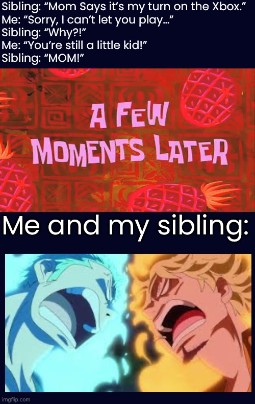 One Piece POV Meme Part Finale, I think: Mom said its my turn on the Xbox! | Sibling: “Mom Says it’s my turn on the Xbox.”
Me: “Sorry, I can’t let you play…”
Sibling: “Why?!”
Me: “You’re still a little kid!”
Sibling: “MOM!”; Me and my sibling: | image tagged in memes,sibling rivalry,mom said its my turn on the xbox,zoro,sanji,one piece | made w/ Imgflip meme maker