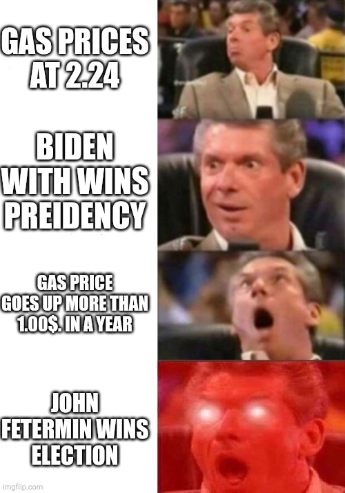 Mr. McMahon reaction | GAS PRICES AT 2.24; BIDEN WITH WINS PREIDENCY; GAS PRICE GOES UP MORE THAN 1.00$. IN A YEAR; JOHN FETERMIN WINS ELECTION | image tagged in mr mcmahon reaction | made w/ Imgflip meme maker