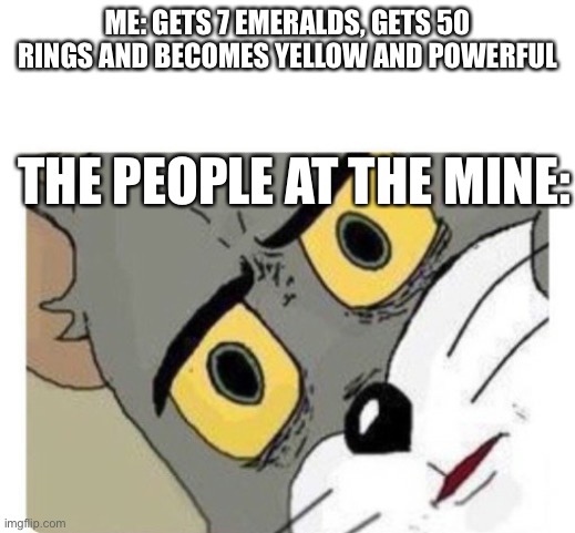 super sonic | ME: GETS 7 EMERALDS, GETS 50 RINGS AND BECOMES YELLOW AND POWERFUL; THE PEOPLE AT THE MINE: | image tagged in shocked tom | made w/ Imgflip meme maker