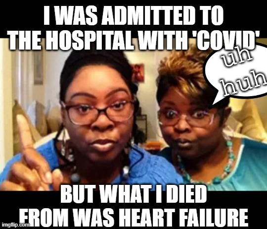 Antivaxxers never die from Covid | I WAS ADMITTED TO THE HOSPITAL WITH 'COVID'; uh huh; BUT WHAT I DIED FROM WAS HEART FAILURE | image tagged in antivaxer,diamond,silk,maga,stupid | made w/ Imgflip meme maker