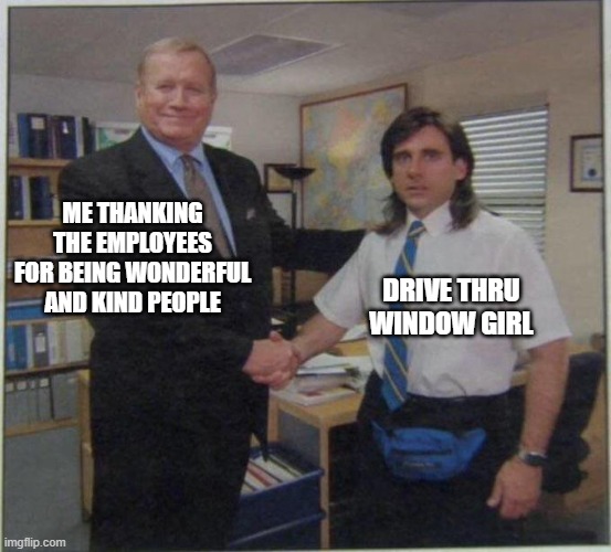 Any job you have customers, you get crap | ME THANKING THE EMPLOYEES FOR BEING WONDERFUL AND KIND PEOPLE; DRIVE THRU WINDOW GIRL | image tagged in the office handshake | made w/ Imgflip meme maker