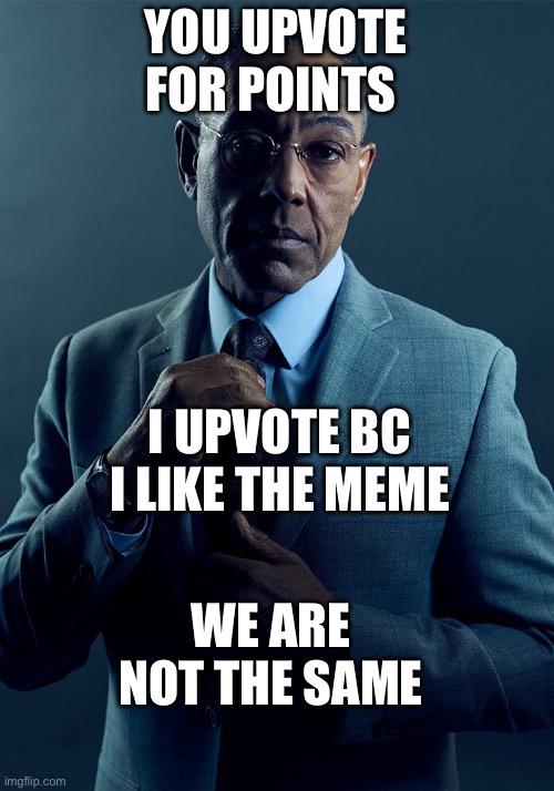 Gus Fring we are not the same | YOU UPVOTE FOR POINTS; I UPVOTE BC I LIKE THE MEME; WE ARE NOT THE SAME | image tagged in gus fring we are not the same | made w/ Imgflip meme maker