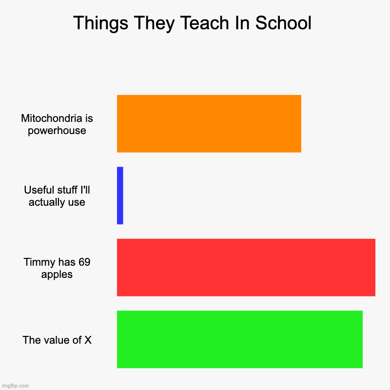 Things They Teach In School | Mitochondria is powerhouse, Useful stuff I'll actually use, Timmy has 69 apples, The value of X | image tagged in charts,bar charts | made w/ Imgflip chart maker