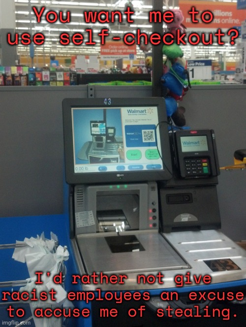 The ones they haven't laid off. | You want me to use self-checkout? I'd rather not give racist employees an excuse to accuse me of stealing. | image tagged in walmart self checkout,discrimination,shopping | made w/ Imgflip meme maker