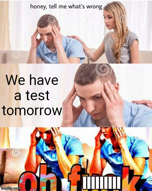 honey whats wrong | We have a test tomorrow; IIIIIIIII | image tagged in honey whats wrong,test,relatable memes | made w/ Imgflip meme maker