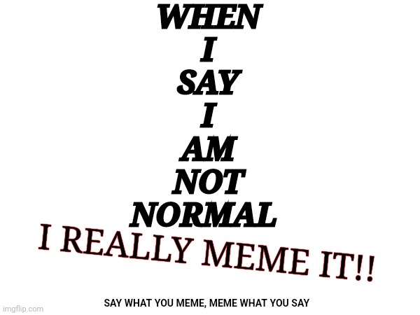 And I meme it!! | WHEN
I
SAY
I
AM
NOT
NORMAL; I REALLY MEME IT!! SAY WHAT YOU MEME, MEME WHAT YOU SAY | image tagged in not normal,say what you meme,i say,meme what you say,that's what i said,really meme it | made w/ Imgflip meme maker