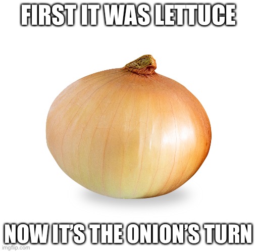 #onion | FIRST IT WAS LETTUCE; NOW IT’S THE ONION’S TURN | image tagged in onion | made w/ Imgflip meme maker