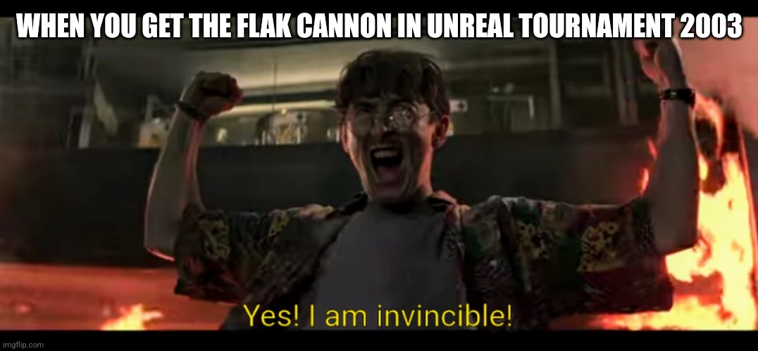 Yes! I am invincible! | WHEN YOU GET THE FLAK CANNON IN UNREAL TOURNAMENT 2003 | image tagged in yes i am invincible | made w/ Imgflip meme maker