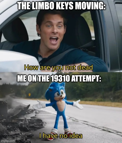 Sonic I have no idea | THE LIMBO KEYS MOVING:; ME ON THE 19310 ATTEMPT: | image tagged in sonic i have no idea | made w/ Imgflip meme maker
