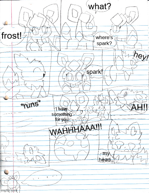 page 2 | what? frost! where's spark? hey! spark! *runs*; AH!! i have something for you; WAHHHAAA!!! my head.. | made w/ Imgflip meme maker