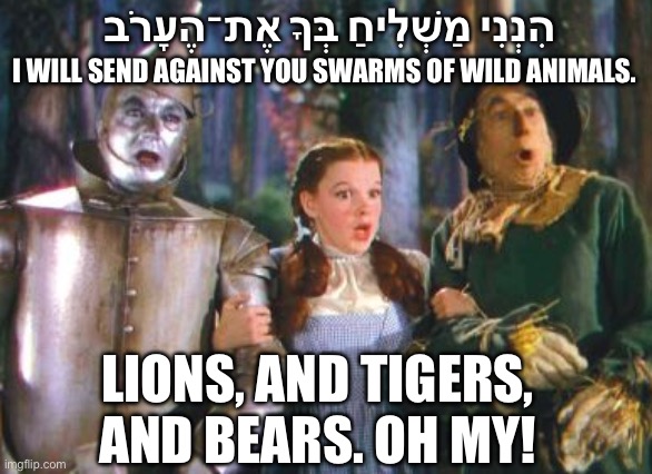 Lions and tigers and bears. Oh my! | הִנְנִי מַשְׁלִיחַ בְּךָ אֶת־הֶעָרֹב; I WILL SEND AGAINST YOU SWARMS OF WILD ANIMALS. LIONS, AND TIGERS, AND BEARS. OH MY! | image tagged in plagues,makkot,bible,exodus | made w/ Imgflip meme maker