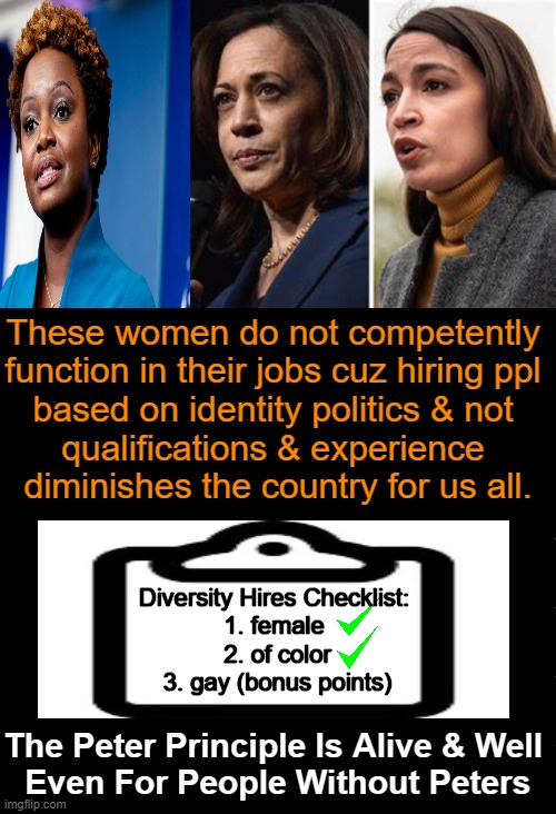 Identity Politics | These women do not competently 
function in their jobs cuz hiring ppl 
based on identity politics & not 
qualifications & experience 
diminishes the country for us all. Diversity Hires Checklist: 

1. female 
2. of color
3. gay (bonus points); The Peter Principle Is Alive & Well 
Even For People Without Peters | image tagged in politics,political humor,identity politics,gender,kamala harris,aoc and karine | made w/ Imgflip meme maker