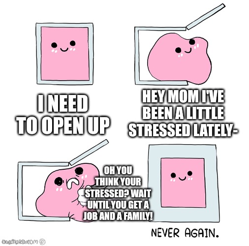 Pink Blob In the Box | I NEED TO OPEN UP; HEY MOM I'VE BEEN A LITTLE STRESSED LATELY-; OH YOU THINK YOUR STRESSED? WAIT UNTIL YOU GET A JOB AND A FAMILY! | image tagged in pink blob in the box,stress,parents | made w/ Imgflip meme maker
