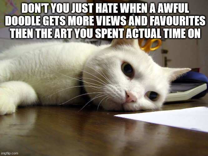 Annoyed tired bored cat  | DON'T YOU JUST HATE WHEN A AWFUL DOODLE GETS MORE VIEWS AND FAVOURITES THEN THE ART YOU SPENT ACTUAL TIME ON | image tagged in annoyed tired bored cat | made w/ Imgflip meme maker
