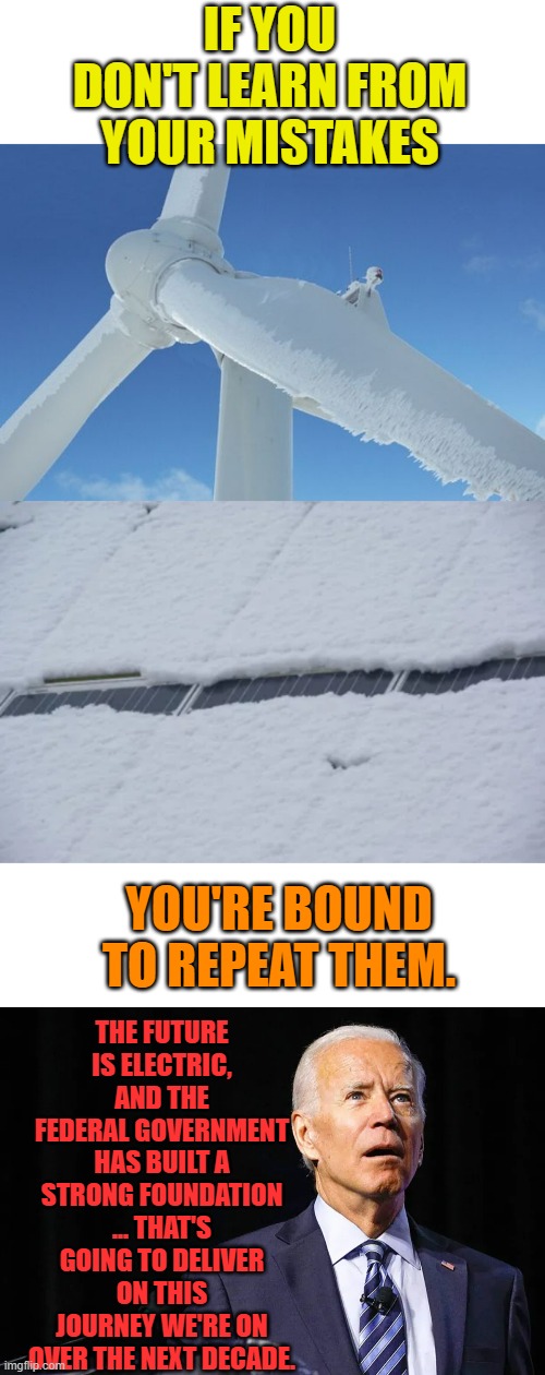 Isn't That What They Say? | IF YOU DON'T LEARN FROM YOUR MISTAKES; THE FUTURE IS ELECTRIC, AND THE FEDERAL GOVERNMENT HAS BUILT A STRONG FOUNDATION ... THAT'S GOING TO DELIVER ON THIS JOURNEY WE'RE ON OVER THE NEXT DECADE. YOU'RE BOUND TO REPEAT THEM. | image tagged in memes,politics,frozen,wind,solar,here we go again | made w/ Imgflip meme maker