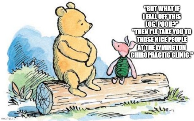 winnie the pooh and piglet | "BUT WHAT IF I FALL OFF THIS LOG, POOH?"
"THEN I'LL TAKE YOU TO THOSE NICE PEOPLE AT THE LYMINGTON CHIROPRACTIC CLINIC." | image tagged in winnie the pooh and piglet | made w/ Imgflip meme maker
